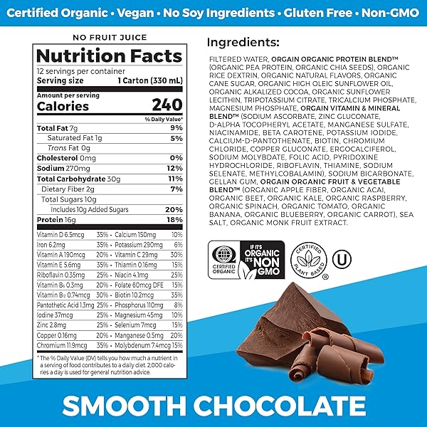 ORGAIN ORGANIC NUTRITIONAL VEGAN PROTEIN SHAKE, SMOOTH CHOCOLATE – 16G PLANT BASED PROTEIN, MEAL REPLACEMENT, 22 VITAMINS & MINERALS, FRUITS & VEGETABLES, GLUTEN FREE, NON-GMO, 11 FL OZ (PACK OF 12)