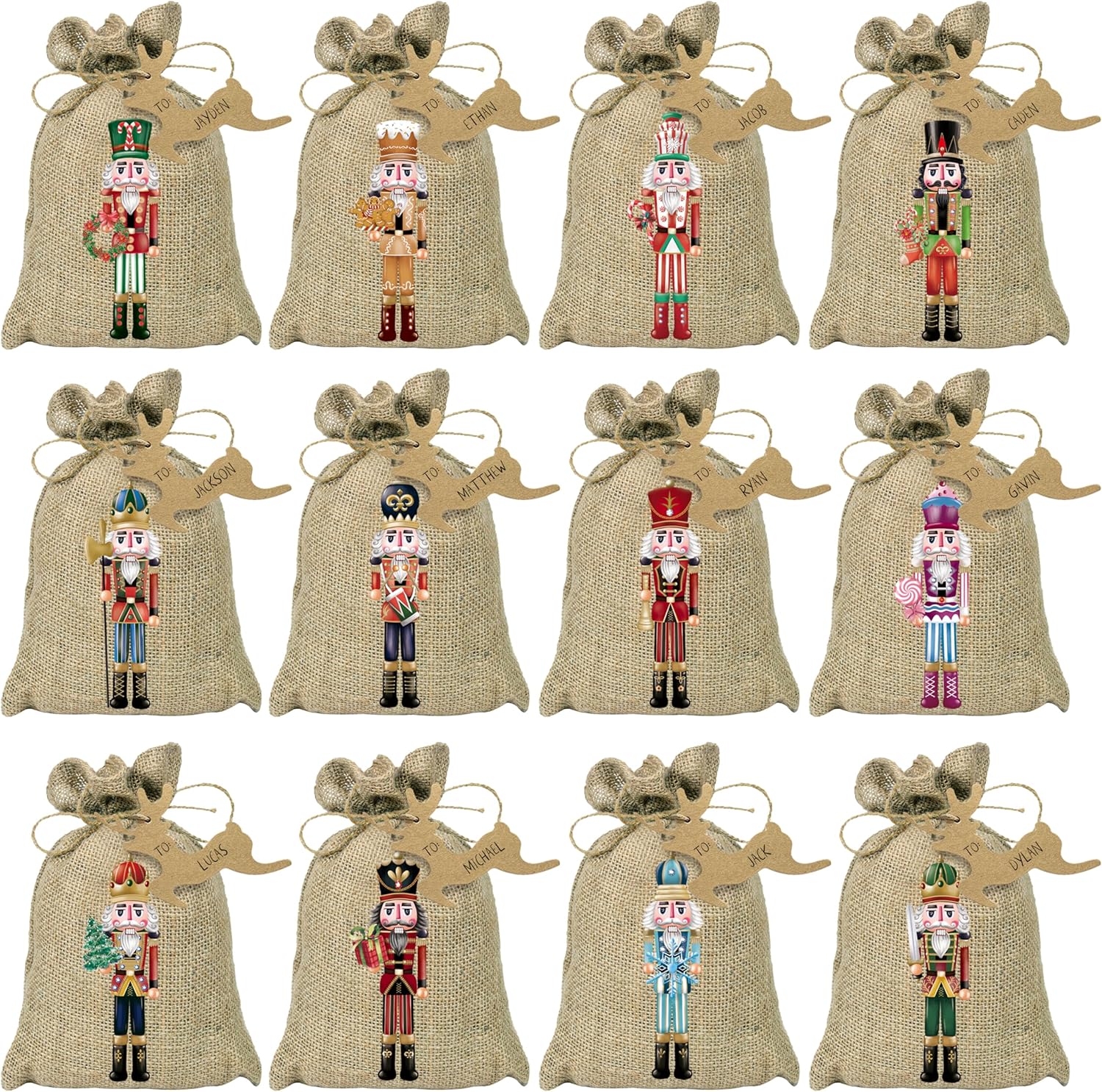 Nutcrackers - BORAMDO Christmas Burlap Gift Bags with Drawstrings 24Pcs, Watercolor 12 Designs Christmas Nutcracker Linen Wrapping Bags, Small Christmas Treat Candy Bags for Holiday Party Favor Supplies (Nutcracker)