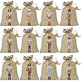 BORAMDO Christmas Nutcracker Linen Wrapping Bags, 24Pcs, Watercolor 12 Designs, Small Treat Candy Bags for Holiday Party Favor Supplies