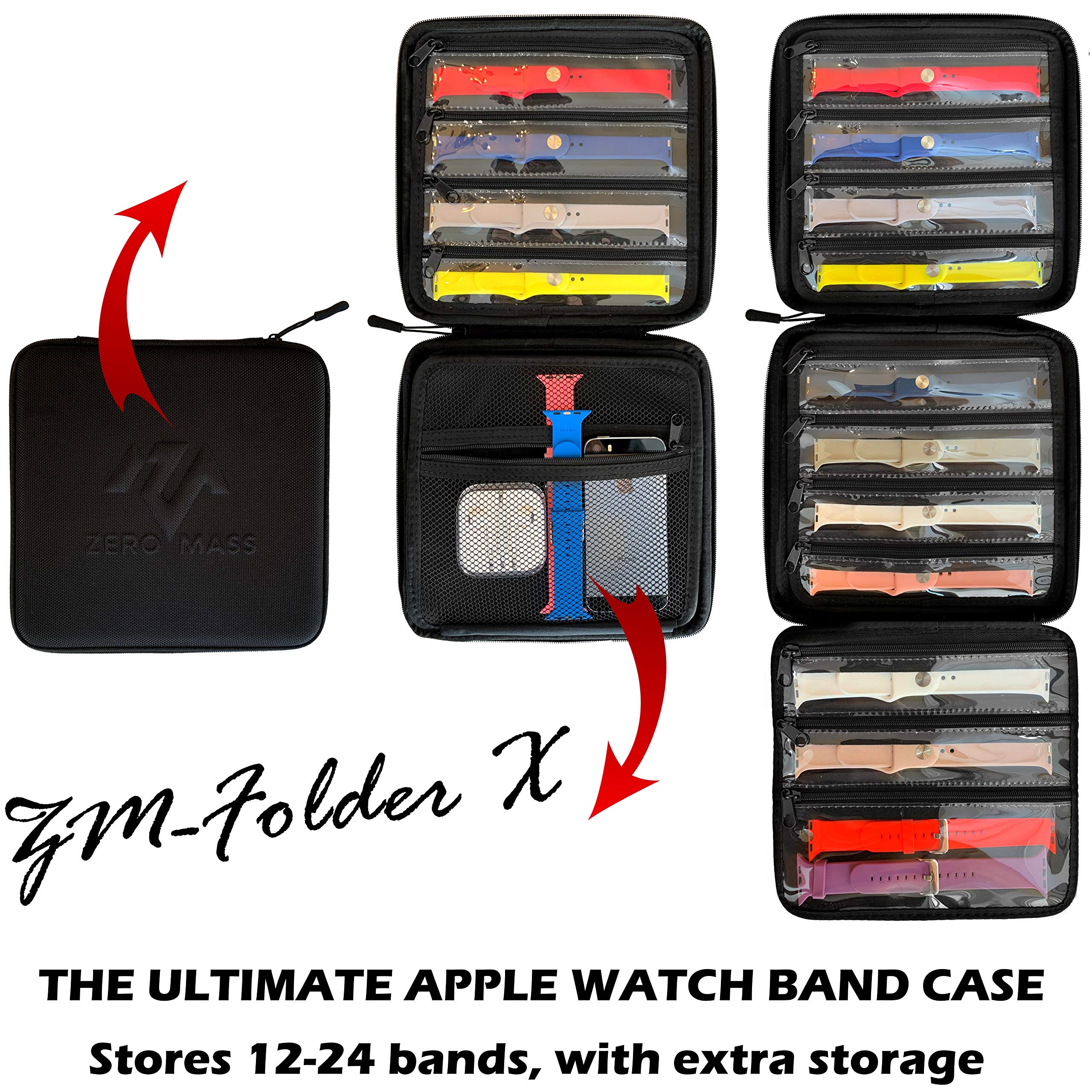 Zero Mass Travel Carrying Case/Folder, Organizer for Apple Watch Bands, Smart Watch Bands, Stores 12-24 Straps, Extra Pocket for Additional Storage (Black)