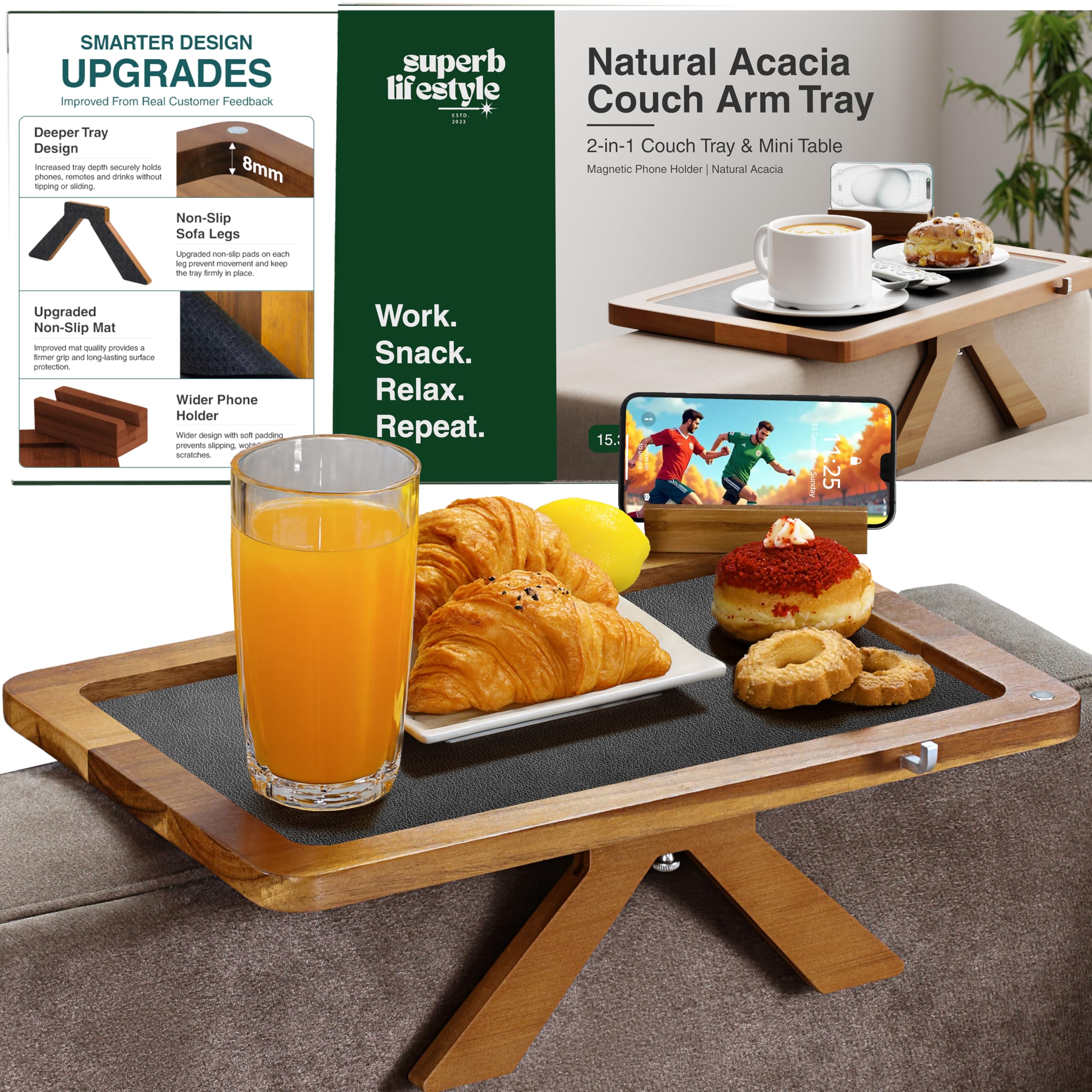 Photo 1 of ***MISSING MOUNTING HARDWARE*** Acacia Couch Arm Tray Table – Valentines Day Gifts for Him & Her, Fits Upto 8.8 inches Sofa Arms, 3-in-1 Adjustable Couch Arm Table with 360° Rotating Phone Holder, Wire Holder & Non-Slip Mat