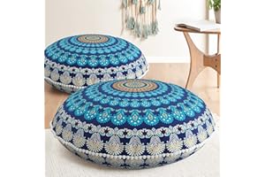 Codi Meditation Floor Pillow Set of 2, Round Large Pillows Seating for Adults, Bohemian Mandala Circle Cushion for Outdoor Fireplace Yoga Living Room, 32 Inch, Memory Foam Added, Navy