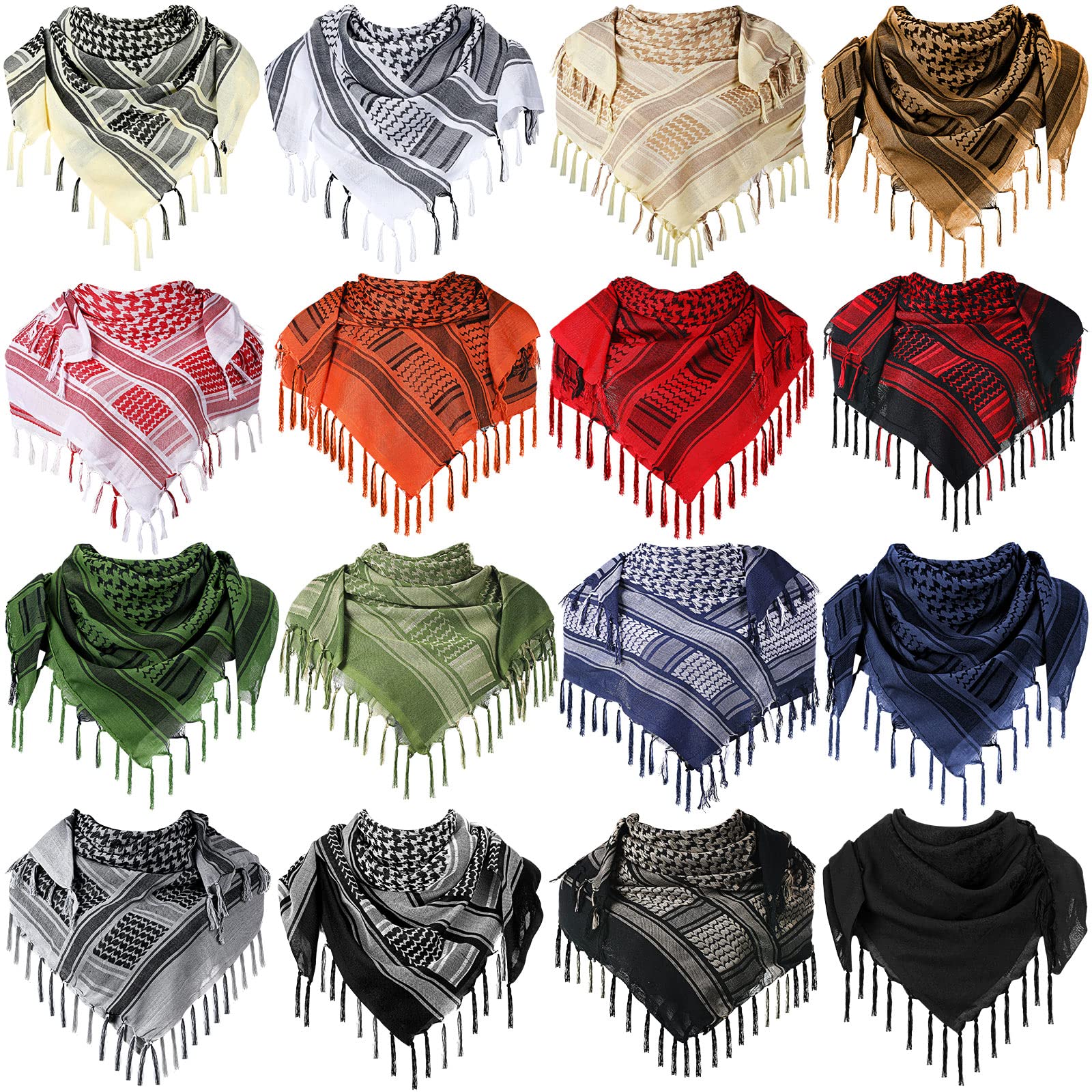 Photo 1 of Janmercy 16 Pcs Military Shemagh Tactical Desert Scarf Keffiyeh Head Neck Scarf Motorcycle Face Mask Biker Head Neck Scarf Cotton Arab Wrap with Tassel for Men Women 43 x 43 Inch, 16 Colors