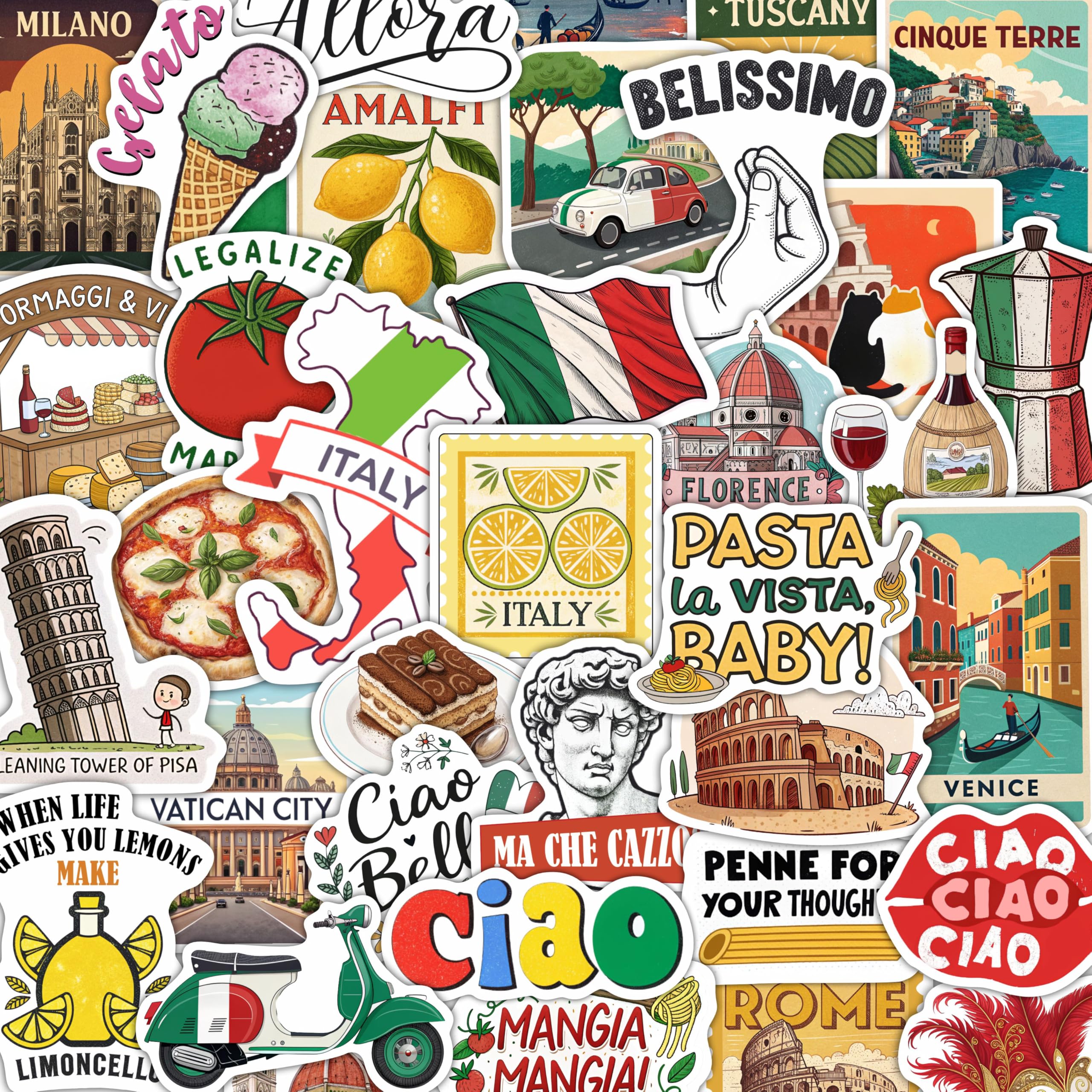 Photo 1 of 100Pcs Italy Stickers for Scrapbooking, for Luggage, for Water Bottle - Italian Stickers and Decals - Italy Party F avors - Gift for Women & Men