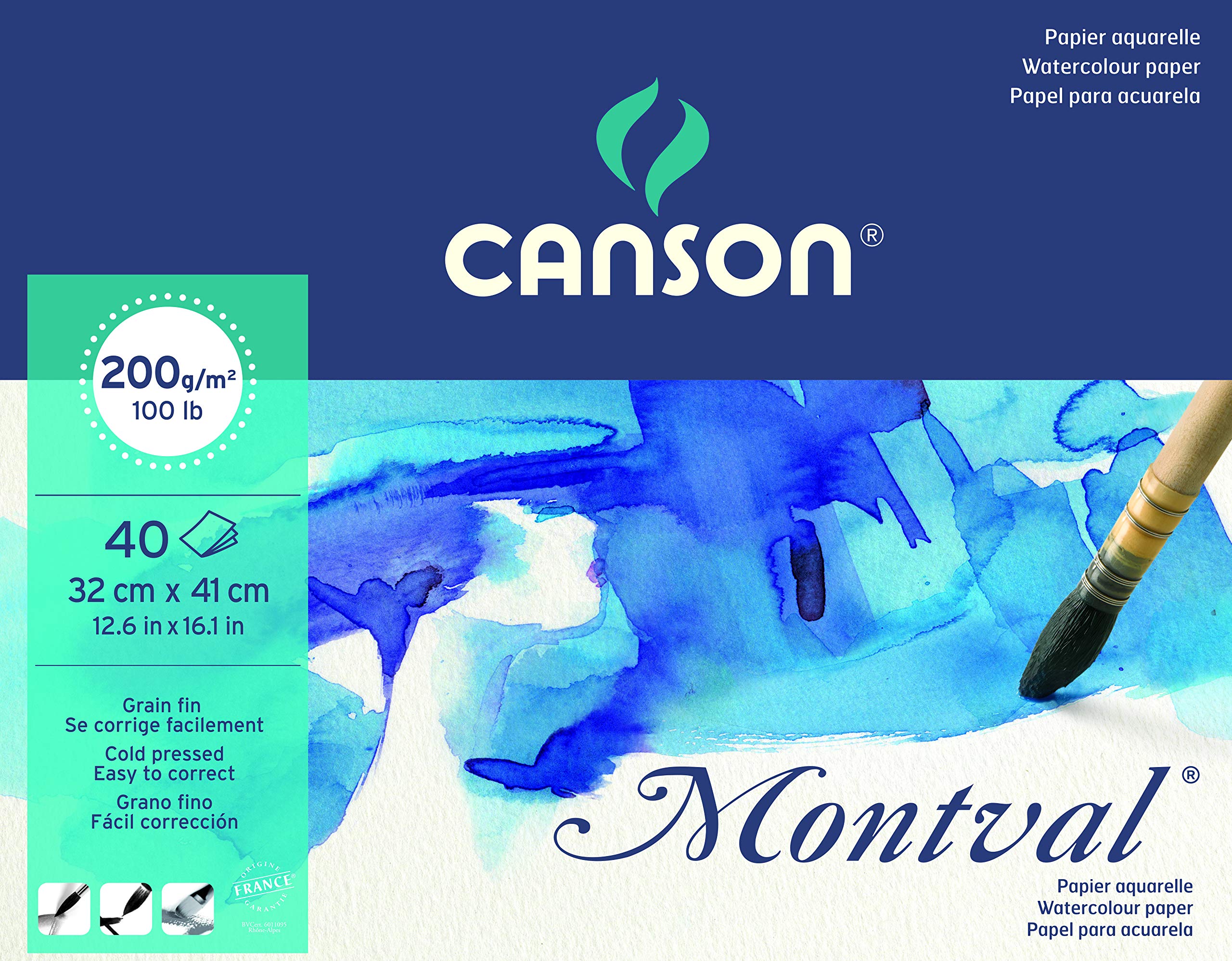 Canson Montval 200gsm watercolour practice paper pad including 40 sheets, size:32x41cm, natural white and Cold Pressed (Not)