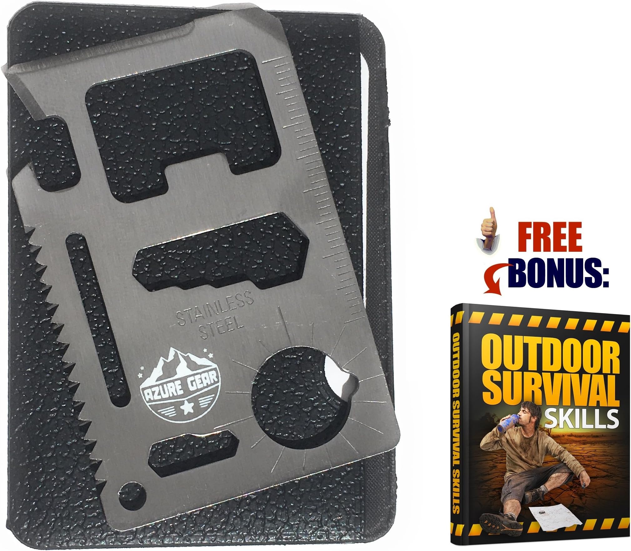 Azure Gear 15 in 1 Stainless Steel Multi Tool with Leather Case + BONUS Survival Skills E-Book - Pocket Size Ruler, Beer Opener and Screwdriver - Camping, Fishing, Hiking - TSA Approved (Silver)