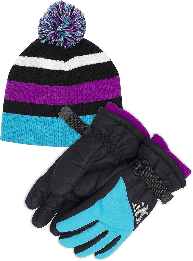 ZeroXposur Girls Winter Gloves & Beanie Set, Insulated Water Resistant Ski Kids Winter Gloves