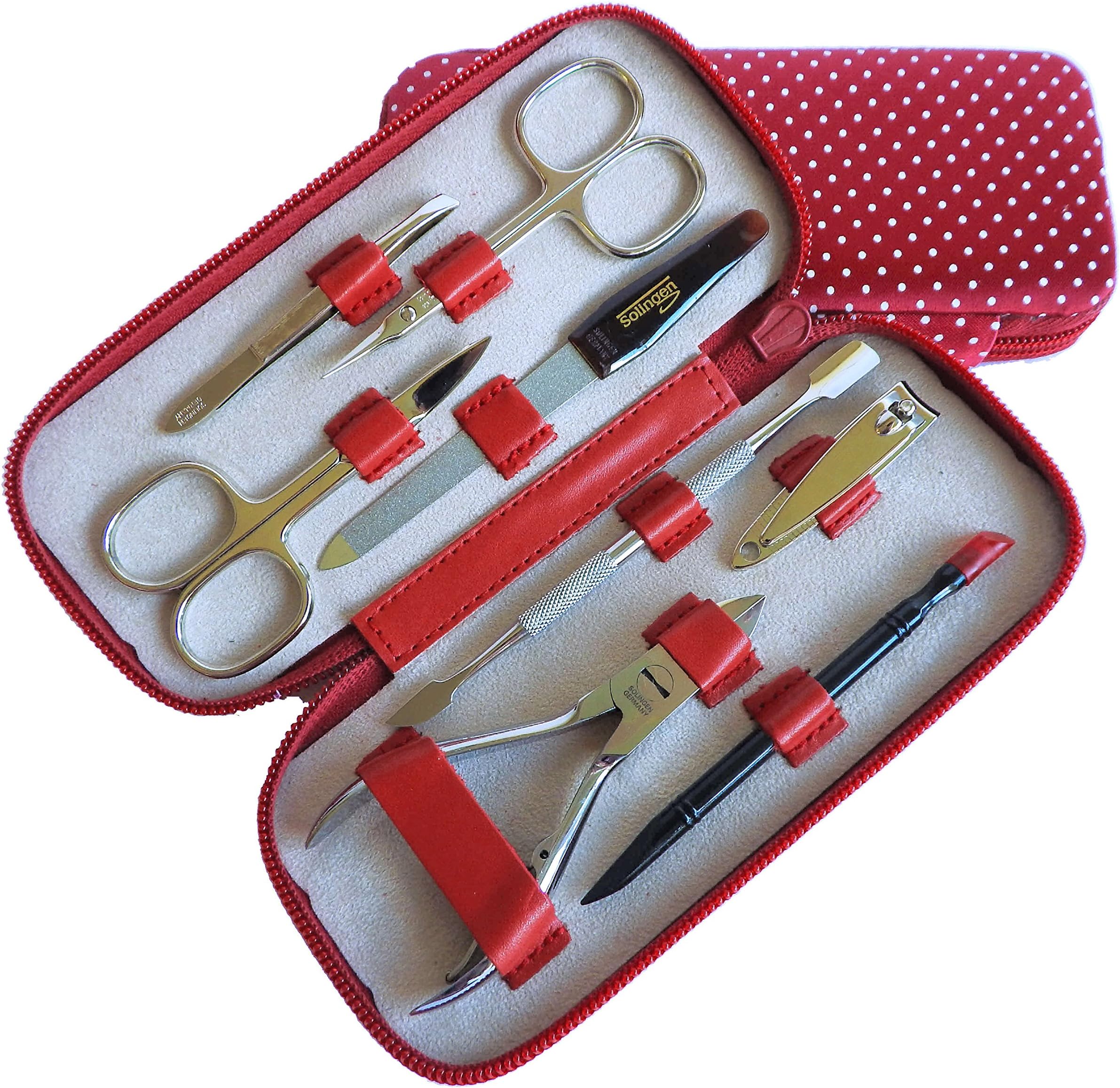 VAMA Beauty Polka Dot Luxury 8 Piece Female Manicure Pedicure Personal Nail Care Set Red