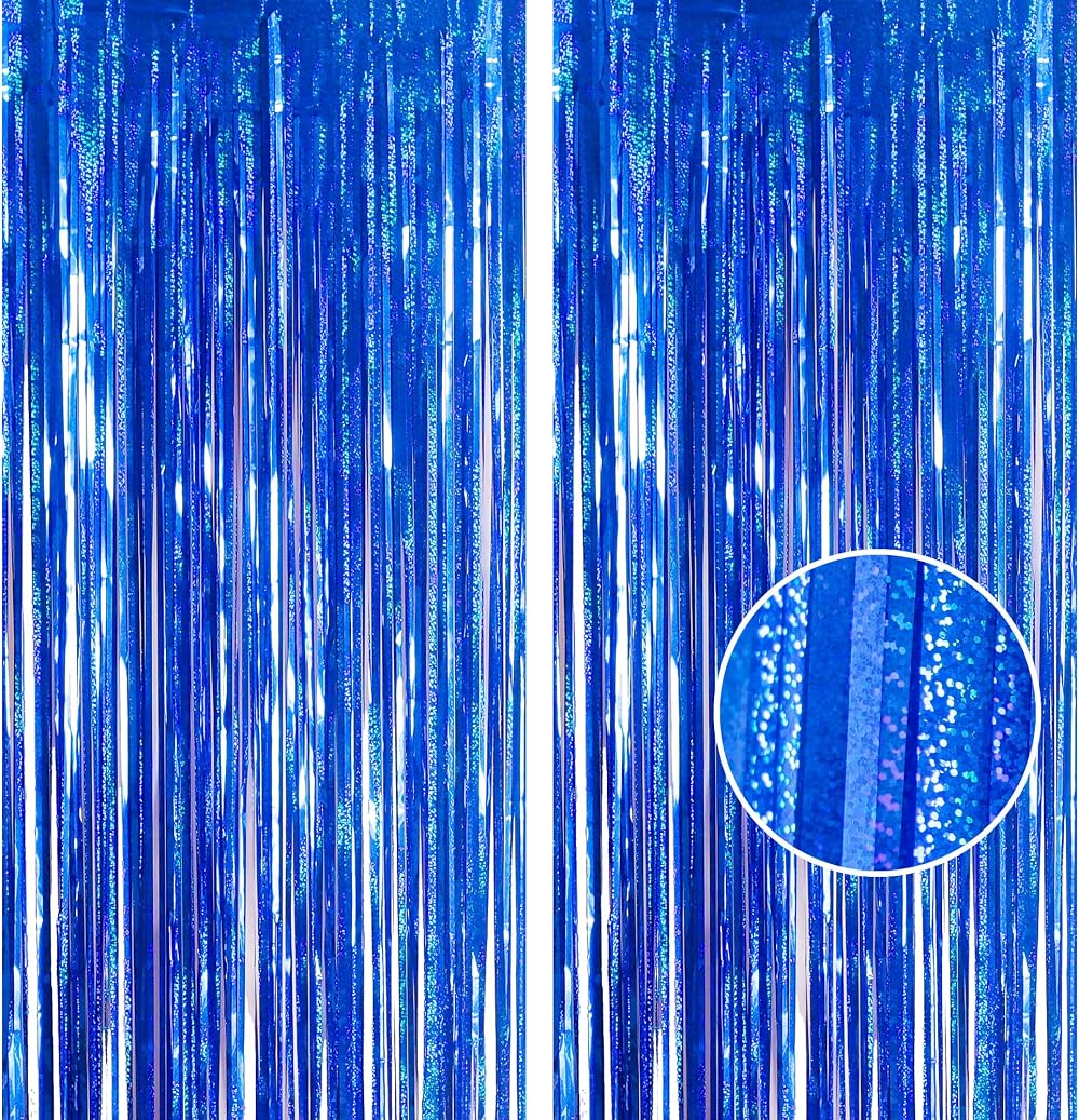 YAAVAAW Glitter Blue Tinsel Curtain Backdrop 2 x 3.2x8.3ft Two Pack