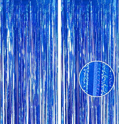 YAAVAAW Glitter Blue Tinsel Curtain Backdrop 2 x 3.2x8.3ft Two Pack