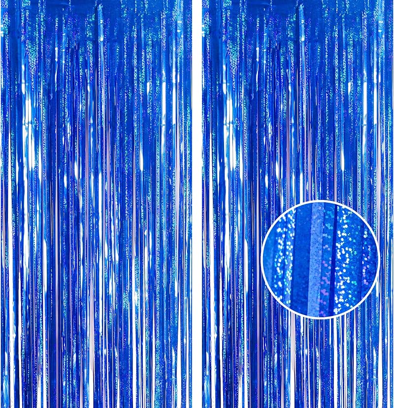 YAAVAAW Glitter Blue Tinsel Curtain Backdrop 2 x 3.2x8.3ft Two Pack