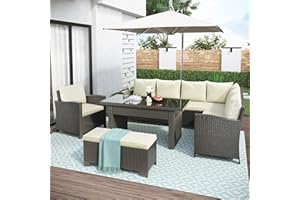 BIADNBZ 6 Piece Outdoor Sectional Sofa with Dining Table, Patio Rattan Conversation Furniture Set with Chair and Bench, for Garden Backyard Deck, Beige Cushions