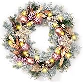DecorbyHannah 24'' Pre-Lit Christmas Wreath for Front Door with Lights, Large Pink Lighted Christmas Wreaths with Ornaments for Window, Battery Operated Outdoor Xmas Wreath for Winter Holiday Decor