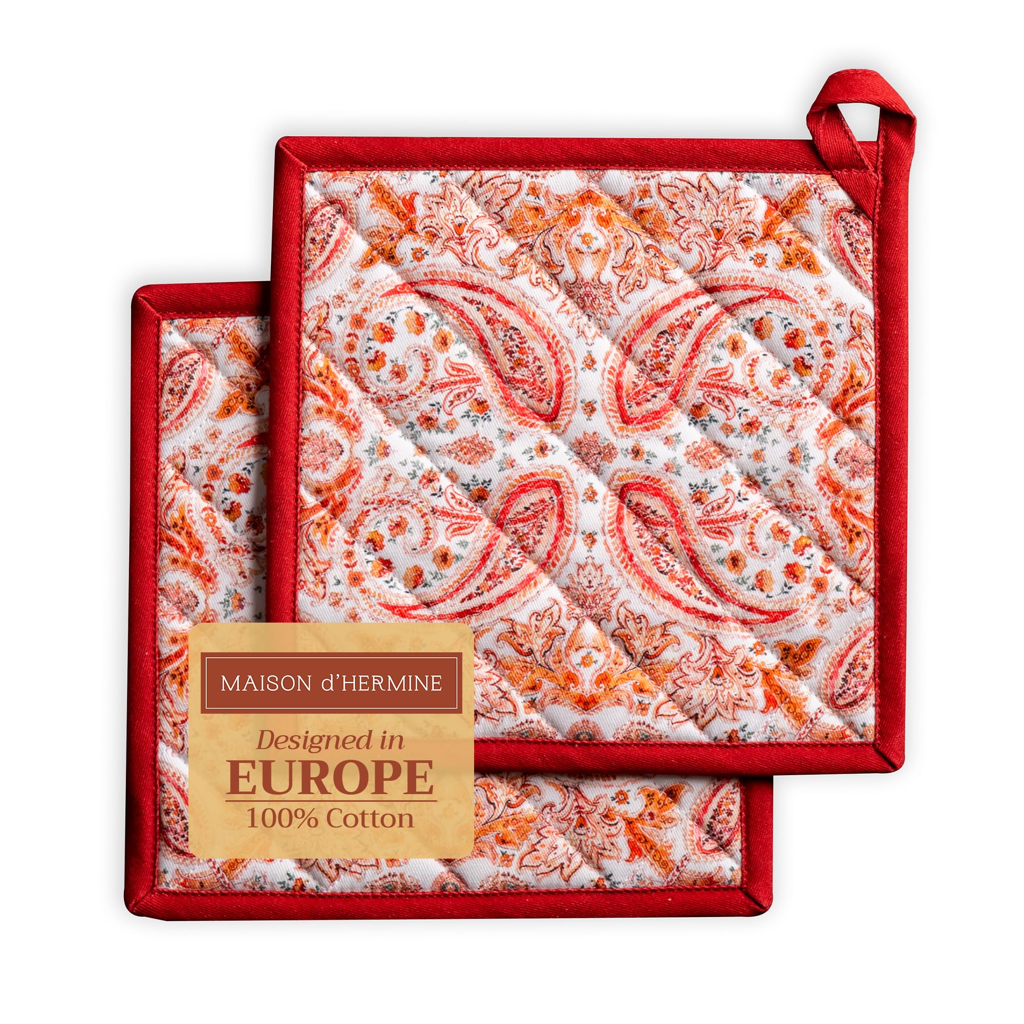 Maison d' Hermine Pot Holders Set 100% Cotton Heat Resistant Potholders 20 cm x 20 cm Hot Pads with Loop for Christmas Decorations BBQ Cooking Baking Handling Hot Pans (Pack of 2, Orient)