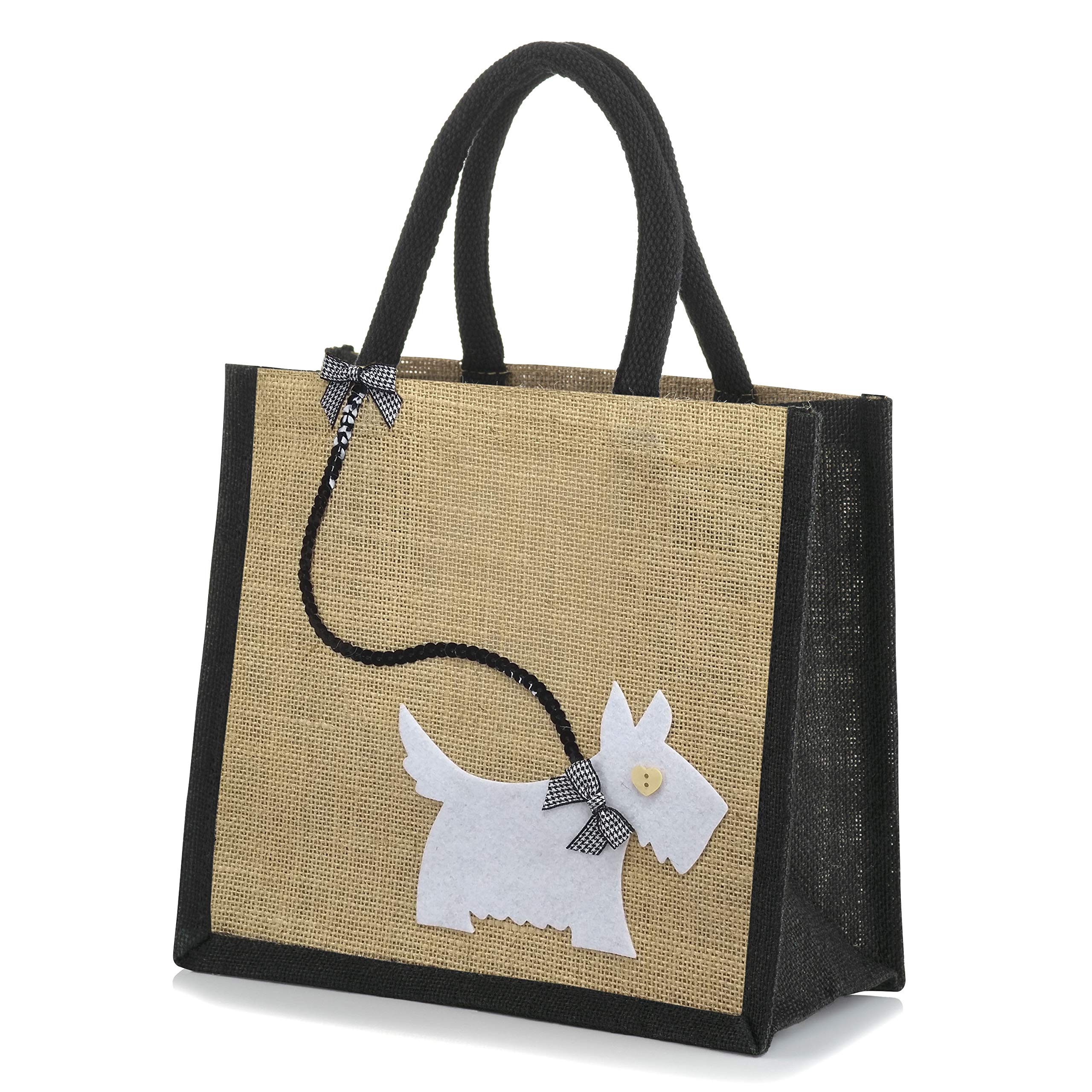 Natural Jute Hessian Lunch Gift Bag - Scottie/Westie Dog - White on Black