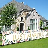 Just Married Banner Backdrop Decorations, Wedding Engagement Party Photo Booth Props Porch Sign Supplies, Bridal Shower Décor for Outdoor Indoor (9.8x1.6ft)