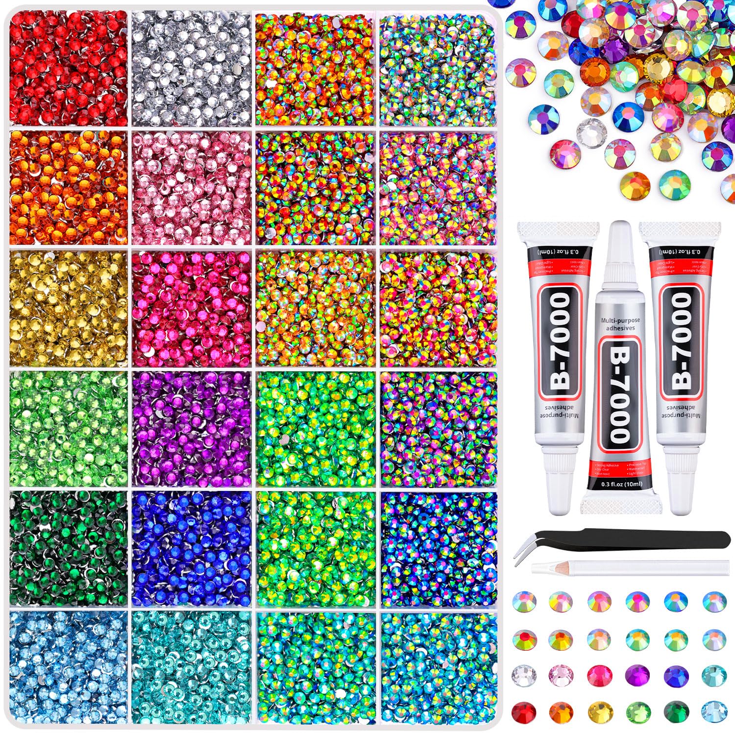 Photo 1 of 24000Pcs Resin Rhinestones with Tweezers for Crafting, Mixed-Color 3mm Bedazzling Crystal with 3Pcs 10ml B7000 Jewelry Glue for DIY Crafts Clothing Tumblers Shoes Fabric Nail Art