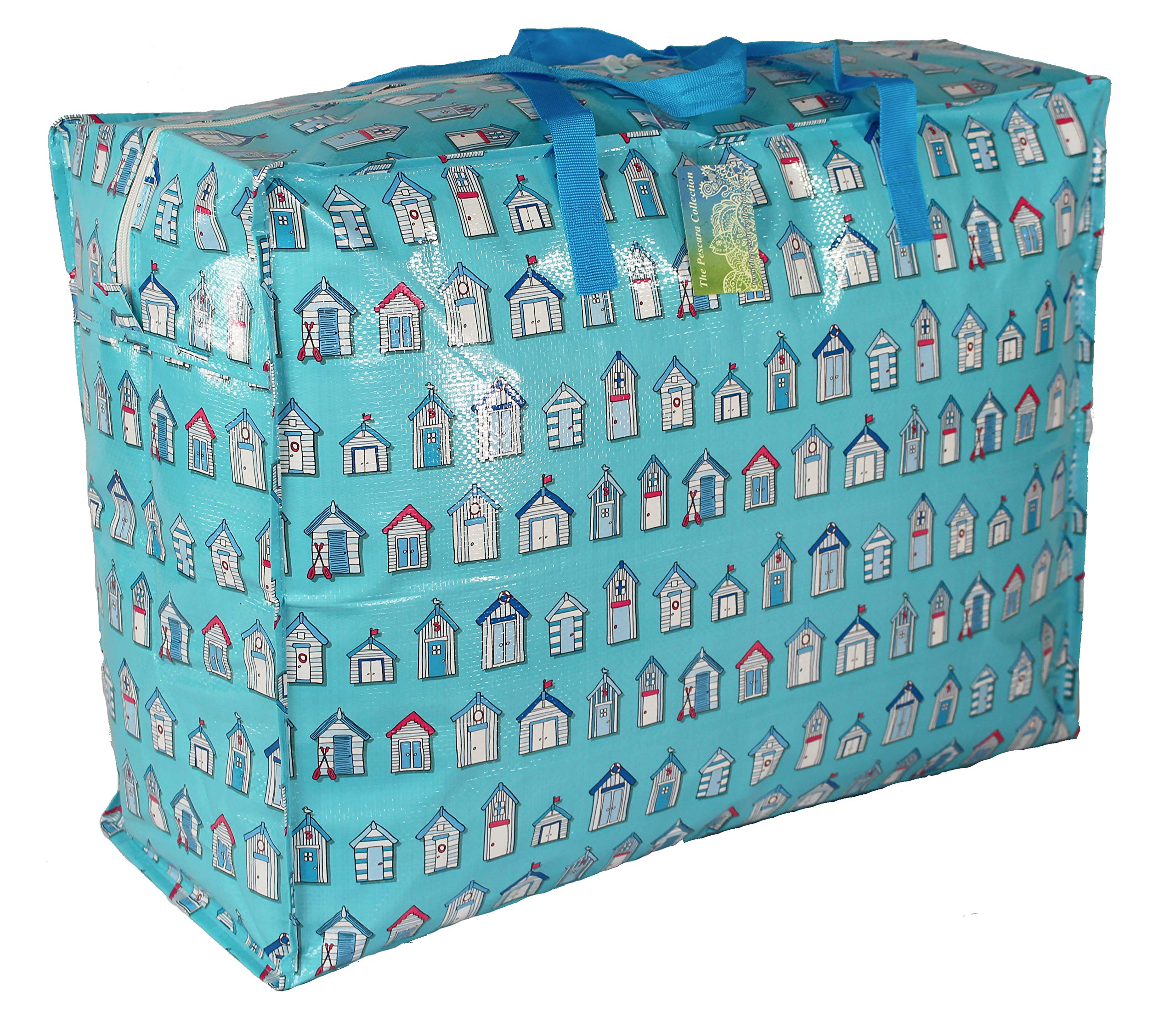 Extra Large Storage Bags Water & Dust Resistant. Double zipped storage bags for toys, laundry, bedding. Underbed Wardrobe Space Saver Blue Beach huts (65 ltr)