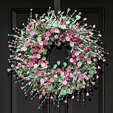 22" Montekin Daisy Spring Summer Wreath for Front Door Outdoor Wall D&eacute;cor | Artificial Wildflower Floral Greenery Leaves Accent, Seasonal Door Wreaths for Home Porch Farmhouse Wedding (Pink)