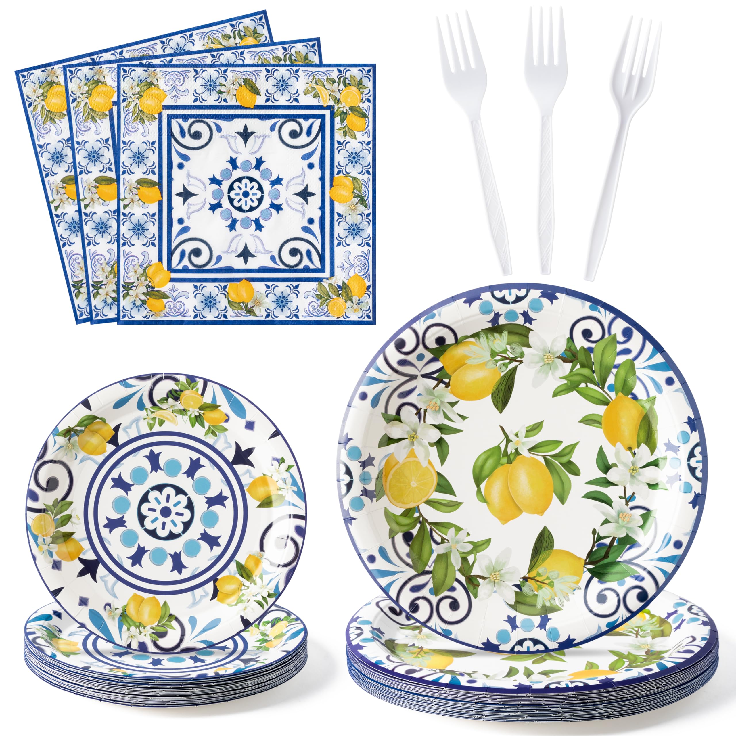 Photo 1 of G1ngtar 96Pcs Capri Lemon Party Plates Supplies Blue Tiles Yellow Lemon Party Tableware Decorations Summer Citrus Fruit Disposable Paper Plates Napkins Forks for Kids Birthday Baby Shower, Serves 24