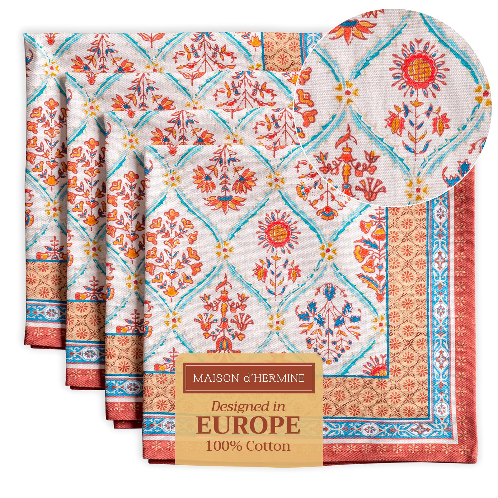 Maison d' Hermine Cloth Napkins Set of 4 100% Cotton for Christmas Decorations Everyday Reusable Square Autumn Napkins Cloth Washable Dinner Party Wedding (Romane, 45 CM x 45 CM)