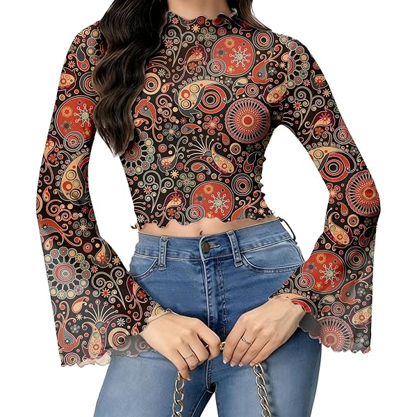 BEAUDRM Women's Y2K Floral 70s Top Hippie Shirt Sheer Mesh Tee