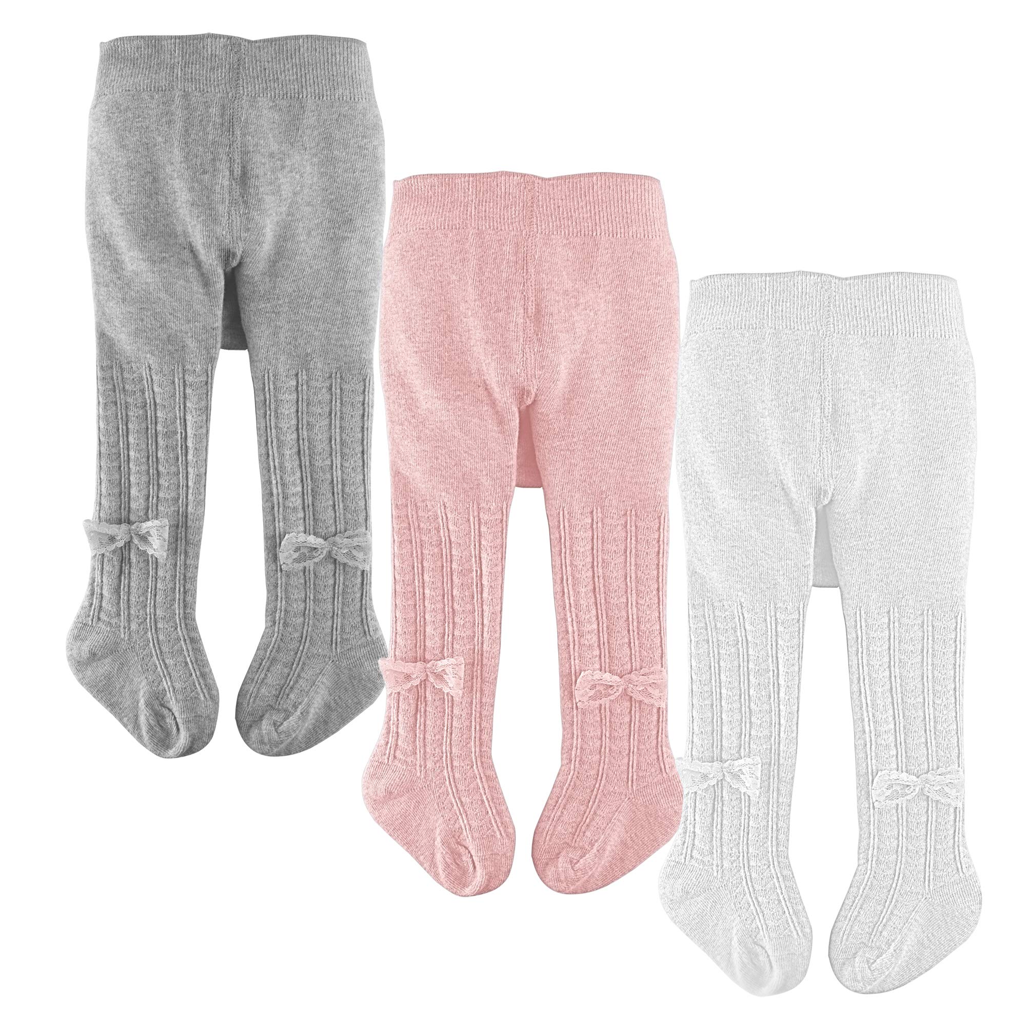 slaixiu Cotton Baby Girl Tights Cable Knit Seamless Toddler Leggings Pantyhose Pants Stockings 3-Pack(White&Pink&Gray_BowTie_0-6 M)