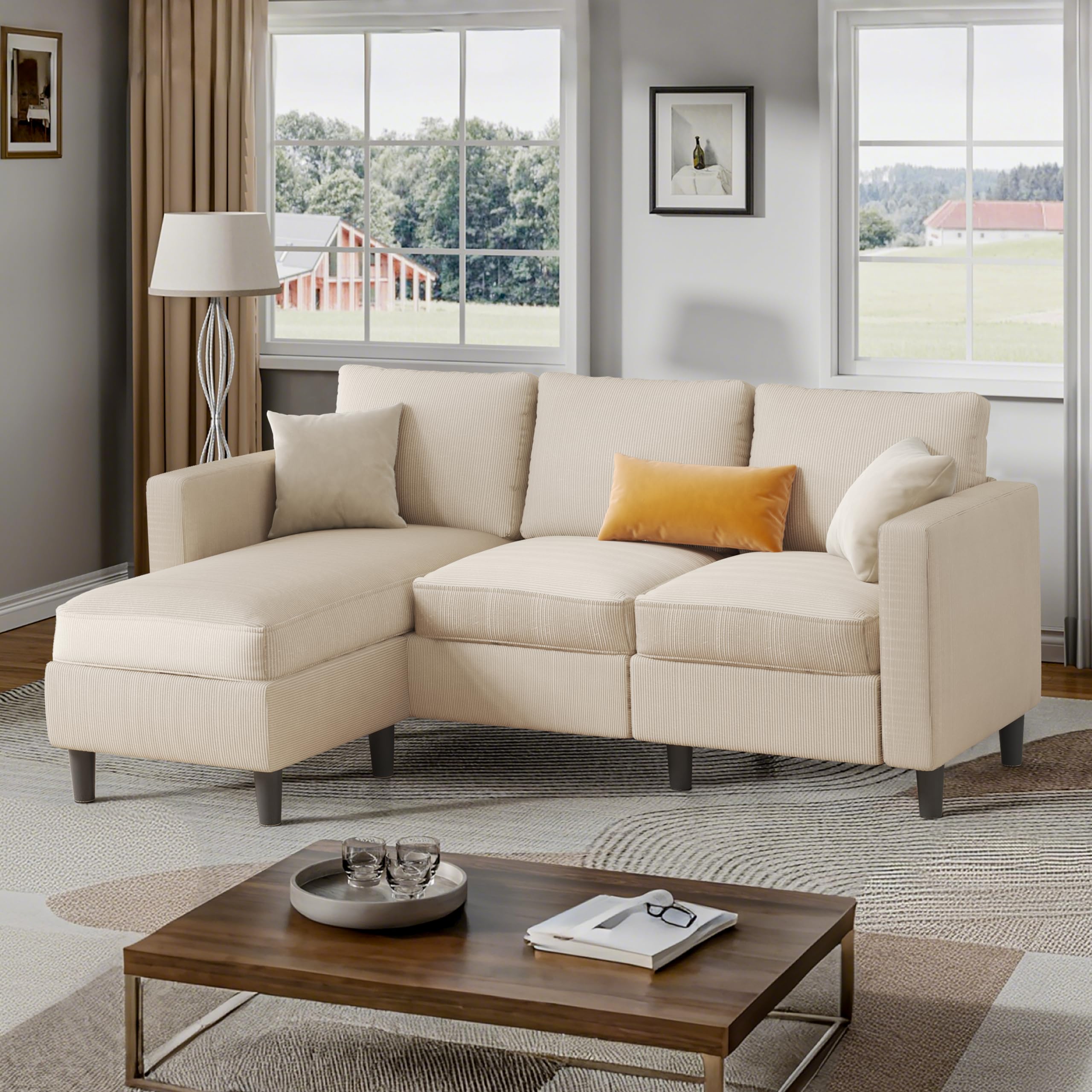 Photo 1 of *** PARTIAL SET - 1 OF 2 BOXES *** Shintenchi Small Sectional Sofa Couches,L Shape Convertible Sofa with Ottoman,3 Seat Comfy Corduroy Upholstered Sofa Couch,Small Couch for Apartment,Living Room and Office(Beige)