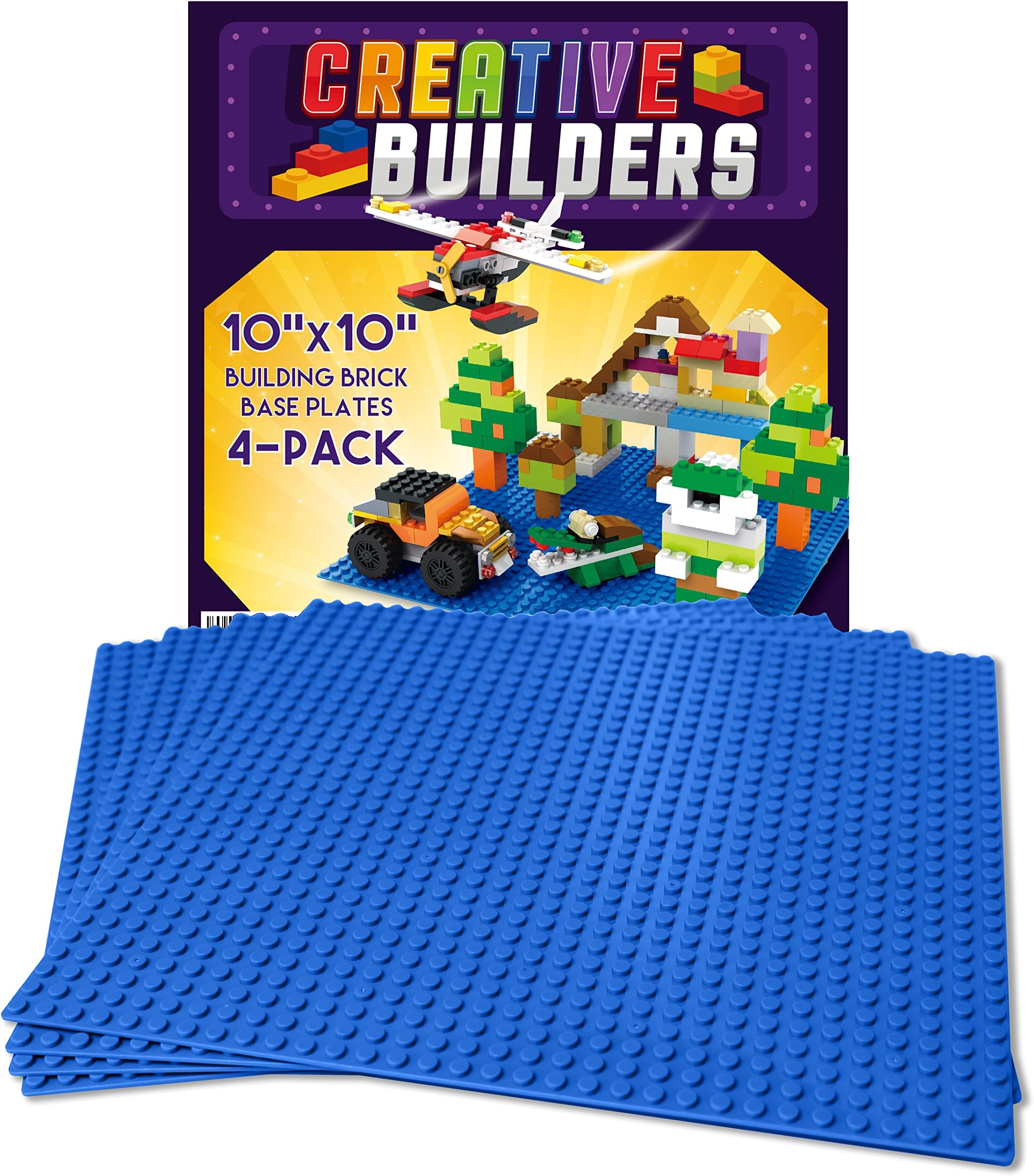 Creative Builders Self Adhesive Lego Compatible Baseplates - Peel and Stick Base Plates for Kids Toy Table, 4 Pack 10X10 (Blue)