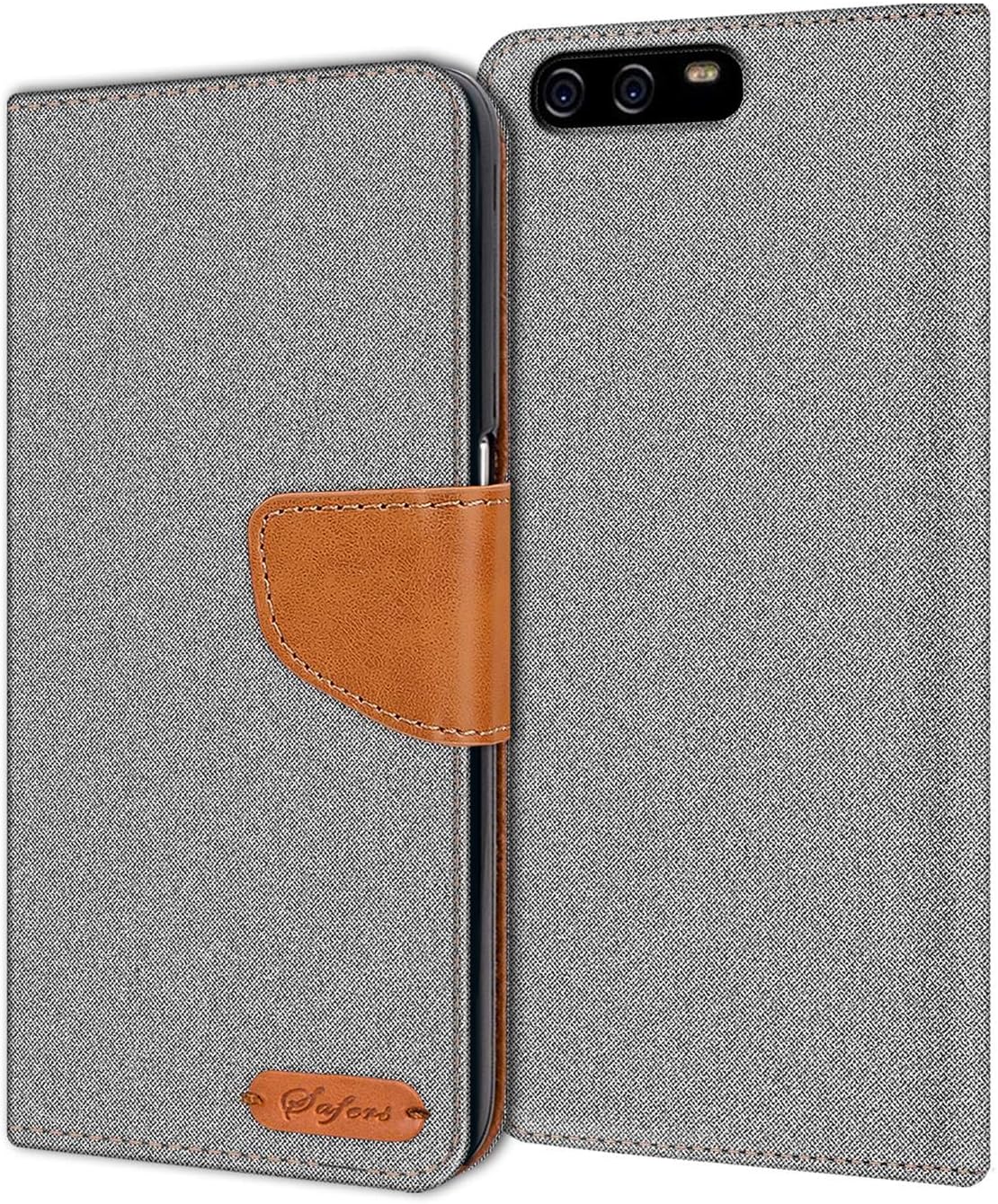 Verco Phone Wallet Case compatible with the Huawei P10, Canvas Faux Leather Book Cover for the Huawei P10 Flip Case Bag Hinged - Grey