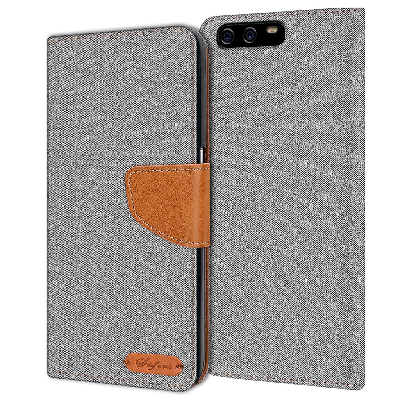 Verco Phone Wallet Case compatible with the Huawei P10, Canvas Faux Leather Book Cover for the Huawei P10 Flip Case Bag Hinged - Grey