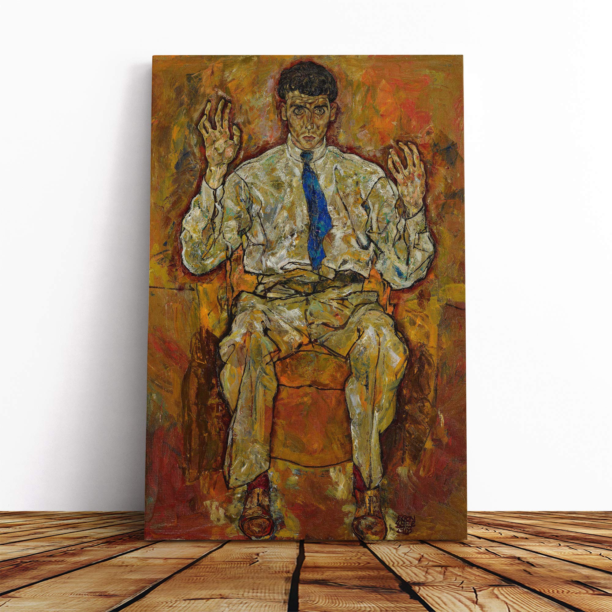 Egon Schiele Portrait of a Seated Man Canvas Print | Gallery Wrapped 30mm Frame Wall Art | 20x14 inches | Ready to Hang | Modern People Picture | Living Room Bedroom Lounge Office