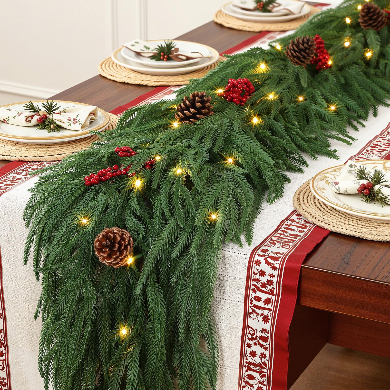 Photo 1 of 2PCS 6FT Prelit Christmas Garland, Realistic Green Norfolk Pine Garland with Lights Battery Operated for Mantle Stairs Railing Fireplace Table Indoor Xmas Décor
