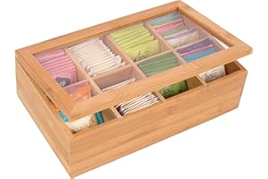 Trademark Innovations 12 Bamboo 8-Section Tea Storage Box with Hinged Clear Lid, Tan (BAMB-TEABOX)