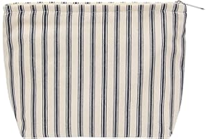 Flat Makeup Bag for Women,Zipper Cosmetic Pouch,Vintage Stripe Navy Blue | Canvas-Lined Makeup Organizer for Purse, Cosmetics