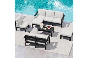 SERWALL 9 Pieces Patio Furniture Set, HDPE Outdoor Sectional Sofas, Outdoor Couch Set with Cushions and Coffee Table, Extra-Large Modular Conversation Set for Garden, Black Frame with Khaki Cushion