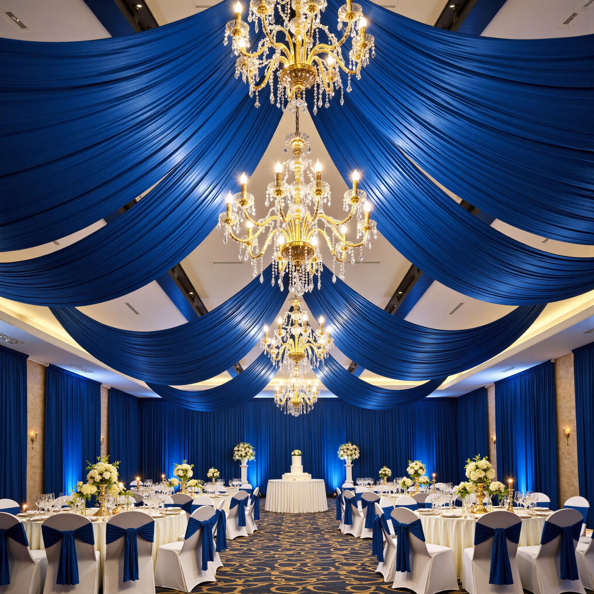 Photo 1 of PartyVillage 4 Panels 5ftx30ft Royal Blue Ceiling Drapes for Wedding Parties – 30 FT Extra Long Thick Polyester Wrinkle-Free Drapery Tent Decor Decorations for Birthday Party Ceremony Stage Swag