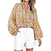 MASCOMODA Womens Boho Floral Print Fall Tops Dressy Casual V Neck Button Down Lantern Long Sleeve Shirts Chiffon Work Blouse