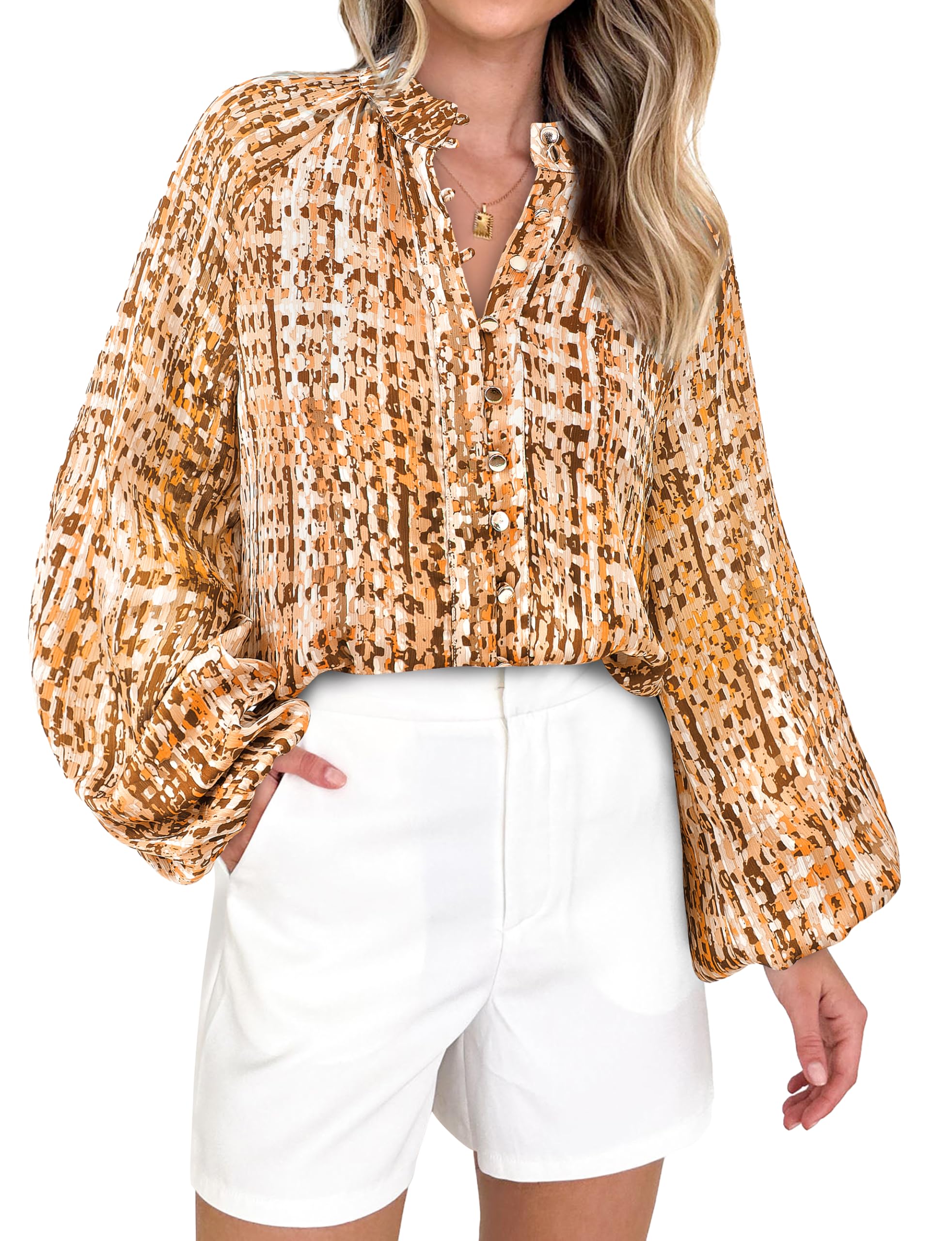 Photo 1 of ***PANTS MISSING***MASCOMODA Womens Boho Floral Print Fall Tops Dressy Casual V Neck Button Down Lantern Long Sleeve Shirts Chiffon Work Blouse(Khaki Floral,Large)