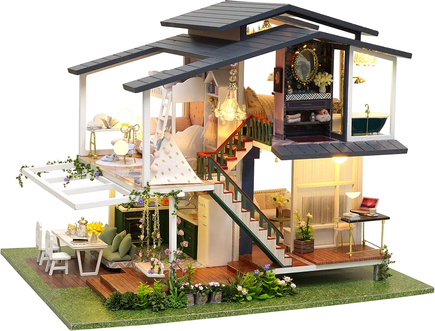 CUTEROOM DIY Miniature Dollhouse Kit Plus FurnitureFull Open 360° 3Story Villa Garden