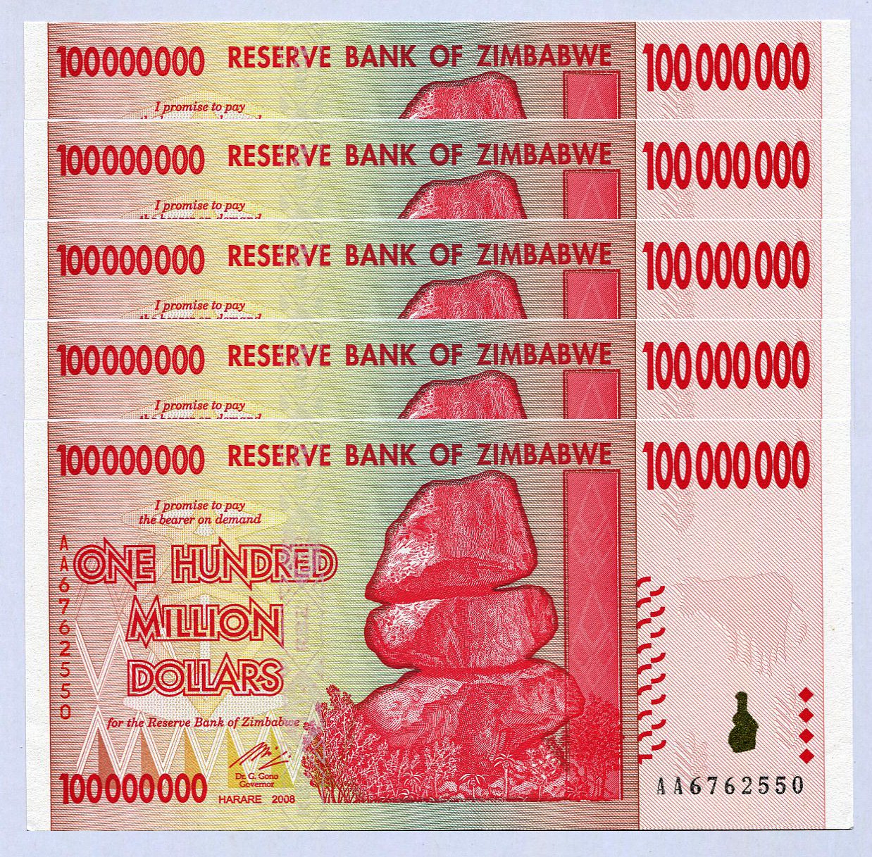 RBZ Collectibles Zimbabwe 100 Million Dollars x 5 2008 UNC, World inflation record, currency banknotes …