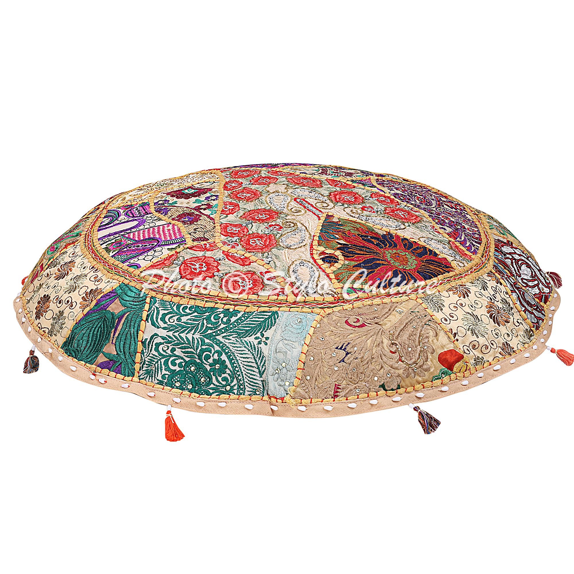 Stylo Culture Indian Round Floor Pillow Garden Scatter Cushion Cover Beige 100 x 100cm Vintage Patchwork Boho Giant 40 Inch Home Decor Cotton Embroidered Chair Seating Cover