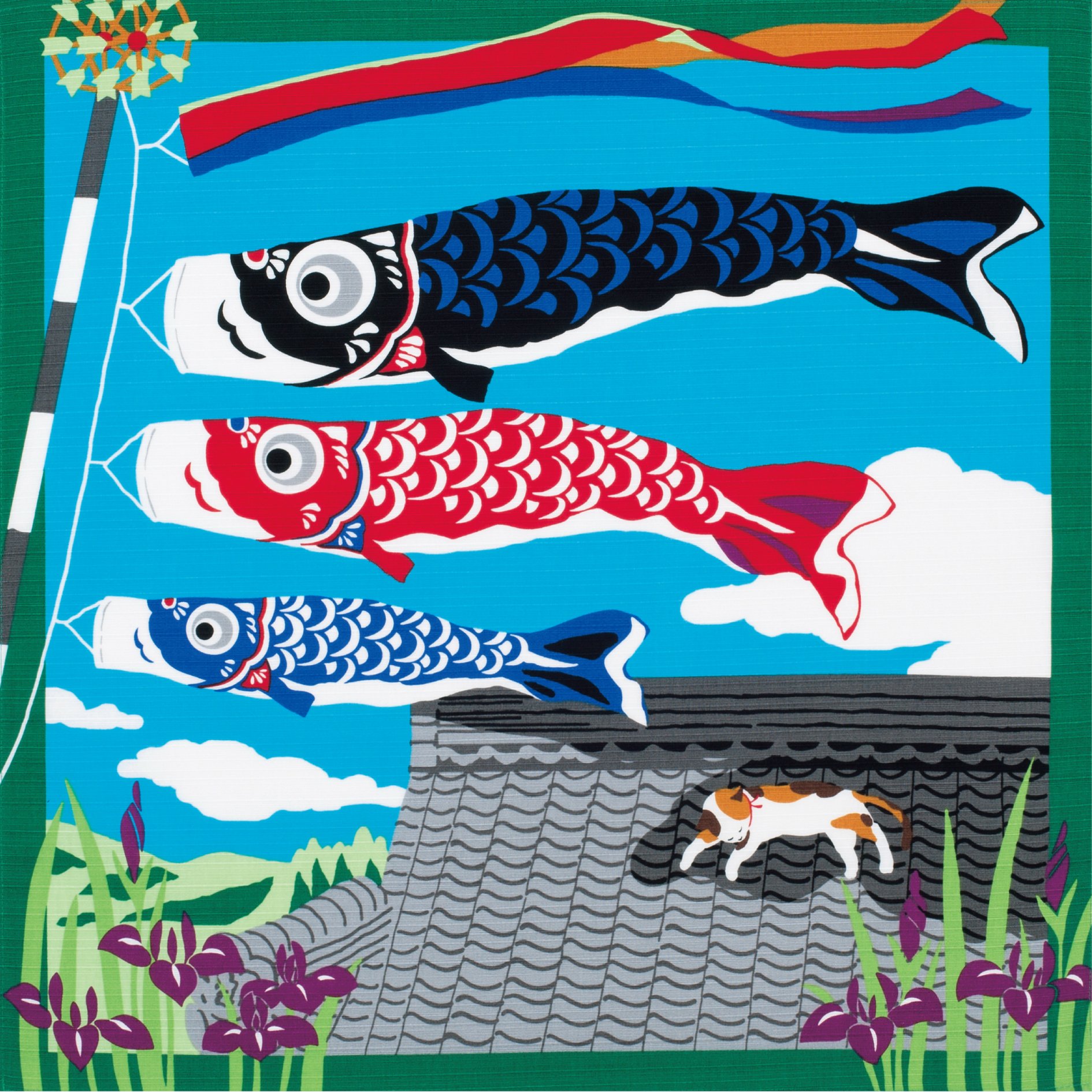 Yu-soku Japanese Protective Fabric (Cat Sketches & Carp Streamer, 50 x 50 cm, Gift)