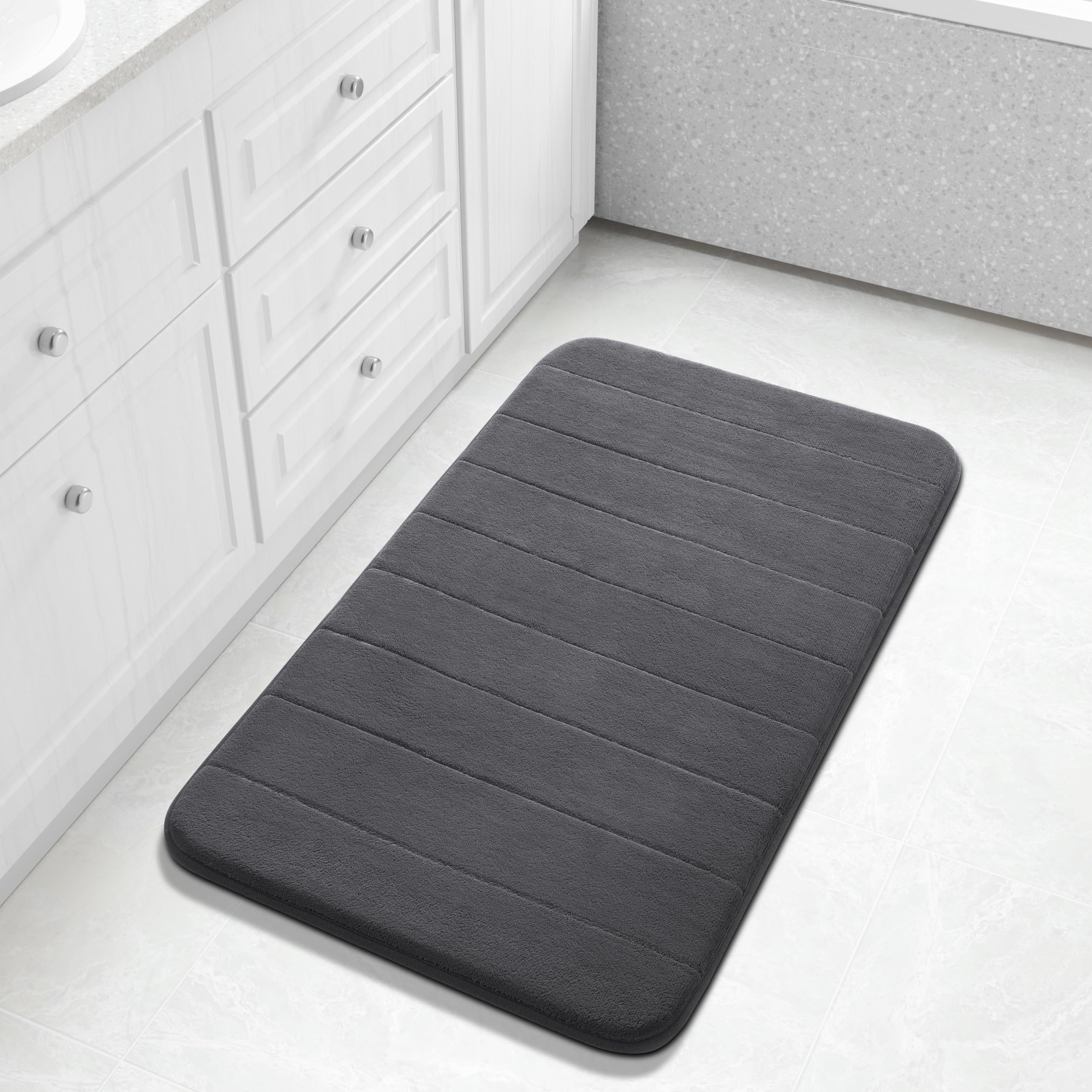 Yimobra Memory Foam Bath Mat Large Size, Soft and Comfortable, Super Water Absorption, Non-Slip, Thick, Machine Wash, Easier to Dry for Bathroom Floor Rug, Dark Gray, 92 x 61 cm