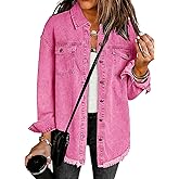 luvamia Denim Jacket for Women Oversized Button Down Casual Jean Shacket Jackets Long Sleeve Frayed Hem Western Trendy