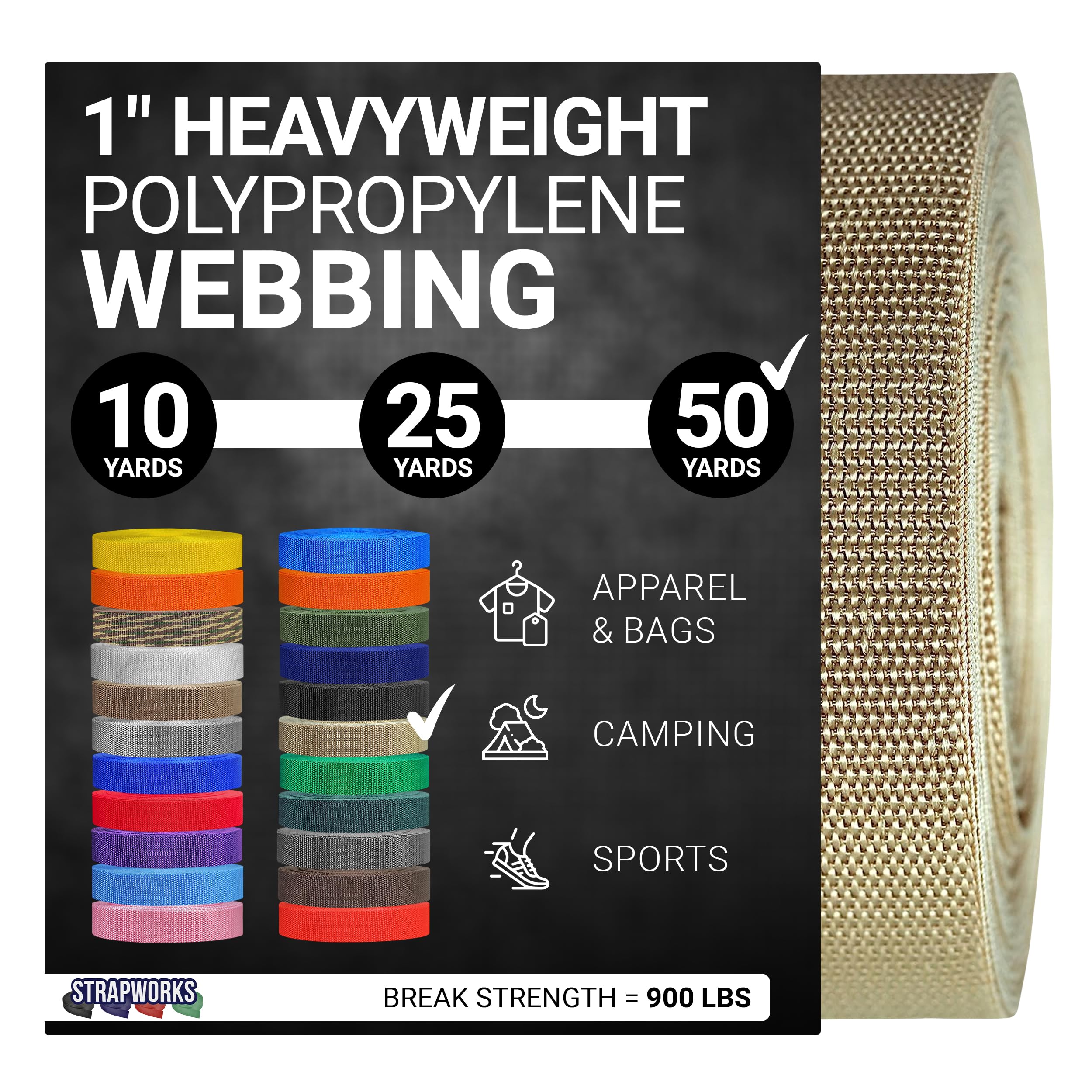 Strapworks Heavyweight Polypropylene Webbing - Heavy Duty Poly Strapping for Outdoor DIY Gear Repair, 1 Inch x 50 Yards - Khaki Image