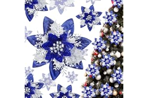 Geosar 36 Pieces Glitter Christmas Poinsettia Artificial Xmas Flower Ornaments Flowers Decorations with Clips and Stem Glitter Poinsettia Christmas Tree Ornaments for Xmas Wedding (Royal Blue)