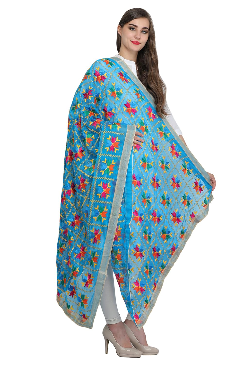 aksara women's chiffon phulkari embroidered dupatta (da619, blue, free size)