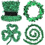 Green Tinsel Garland, 4 Pack Include Shamrock Wreath, Wire Circle Garland, Leprechaun Hat and Metallic Tinsel Twist Garland f