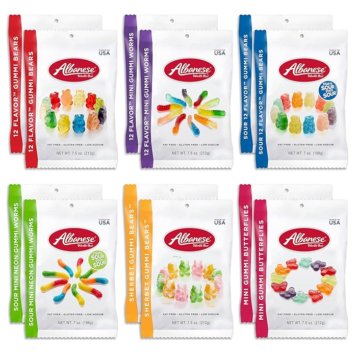 Albanese Gummi 12 Flavor Variety Pack (12 Bags) 12-Flavor Gummi Bears, Mini Gummi Butterflies, 12-Flavor Mini Gummi Worms, Sherbet Gummi Bears, Sour Mini Neon Gummi Worms, Sour 12-Flavor Gummi Bears